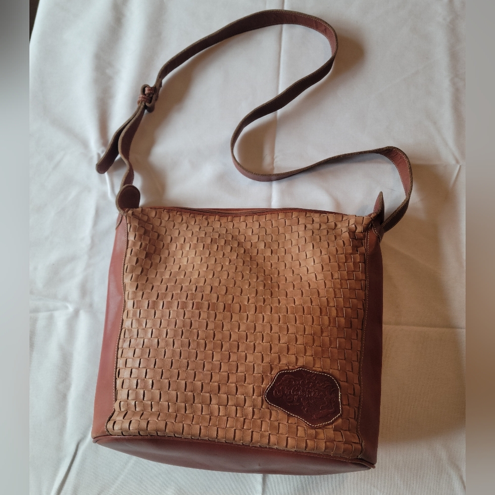 Carlos Falchi Brown Two Tone Leather Woven Stachel with adjustable strap